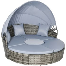 4pc Rattan Patio Furniture Set, Convertible Round Daybed/Sunbed, Adjustable Sun Canopy, Sectional Sofa, 2 Chairs, Table