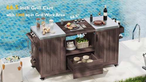 K&K 66.5" Outdoor Kitchen Island for Big Green Egg Grills, Solid Wood Outdoor Grill Cart for Tabletop Grill with Stainless Steel Top, Drawer