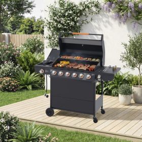 6 Burner BBQ Propane Gas Grill with Side Burner 72000 BTU Output Stainless Steel Barbecue Grill with Cast Iron Grates and Side Tables for Outdoor