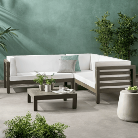 OANA OUTDOOR WOODEN SECTIONAL SET WITH CUSHIONS, WHITE