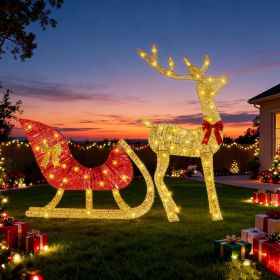 Christmas Reindeer & Sleigh Outdoor Decoration with Lights - 16.97ft LED String (Warm Yellow) 8 Modes, Sturdy Rustproof Iron Frame