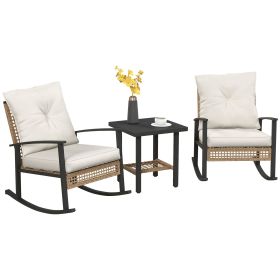 3 Pieces Bistro Set, Patio Wicker Furniture Set with Button Tufted Cushions, Rattan Rocking Chairs, Coffee Table, White