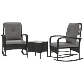 3 Pieces Rattan Bistro Set, Wicker Patio Furniture with Rocking Chairs, Thick Cushions for Porch Balcony, Grey
