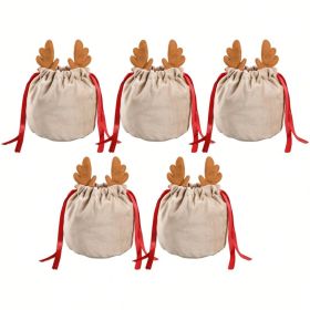 Set Of 5 Christmas Velvet Drawstring Gift Bags With Reindeer Antler Design. Suitable For Organizing Jewelry Or Candy. Santa Gift Bags, Perfect Fo (Option: Khaki Antlers)