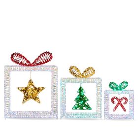 Set Of 3 Lighted Iridescent Cut-out Gift Box Christmas Decorations, Pre-lit Holiday Decor With 357 White LED Lights For Xmas Outdoor Indoor Decor (Option: White)