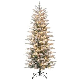 6' Pre Lit Artificial Flocked Christmas Trees, with Snow Branches, Warm Yellow Clear Lights, Auto Open, Extra Bulb (Option: Green-980x270x290 mm)