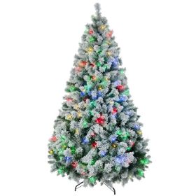 7.5' Artificial Snow Christmas Trees with Frosted Branches, Warm White or Colorful LED Lights, Steel Base (Option: Green-1200x420x440 mm)
