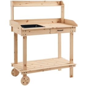 36" Wooden Potting Bench Work Table with 2 Removable Wheels, Garden Workstation with Removable Sink, Drawer & Large Storage Spaces, Natural (Option: Natural Wood-1030x200x525 mm)