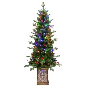4ft Pre-lit Potted Porch Christmas Tree, Small Slim Christmas Tree With Multicolor Lights, Twinkle Potted Xmas Tree With Mixed PE, Metal Glint Ba (Option: 4ft)